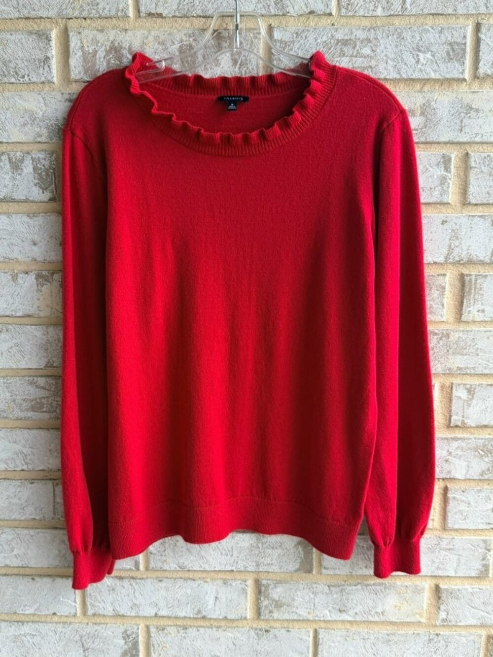 Talbots Long Sleeve Ruffled Round Neck Red Wool Blend Sweater Size M.